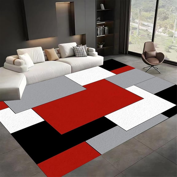 Red Black White Geometric Area Rug, Abstract Color Block Pattern Carpet, Washable Non Slip Low Pile Soft Thin, Living Room Bedroom Study Office Entrance Home Decor Mat 2x3ft(Small)