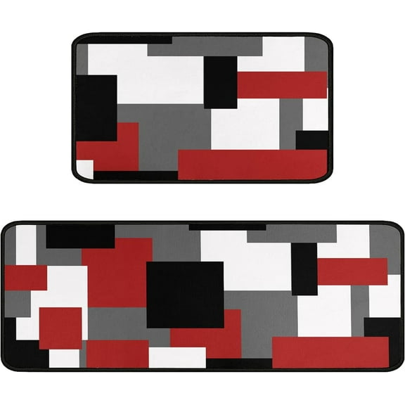 Red Black White Geometric Patterns Kitchen Rugs and Mats Set of 2,Modern Decoration Style Kitchen Mat Non-Slip Absorbent Mats for Sink Waterproof Runner Rug for Laundry Room 17x30+17x48inch