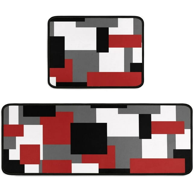 Red Black White Geometric Patterns Kitchen Rugs and Mats Set of 2