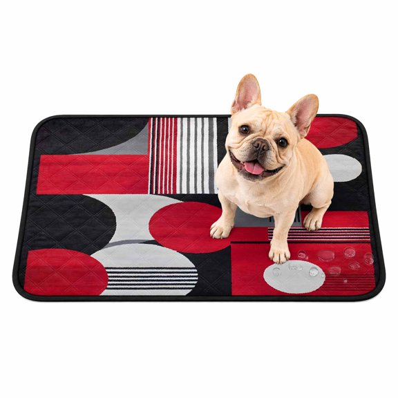 Red Black White Geometric Washable Pee Pads for Dogs, Round Lines Reusable Puppy Pads Waterproof Pet Mat, Abstract Modern Absorbent Dog Pee Pads for Crate Pet Training Whelping Playpen Mats 24"x18"
