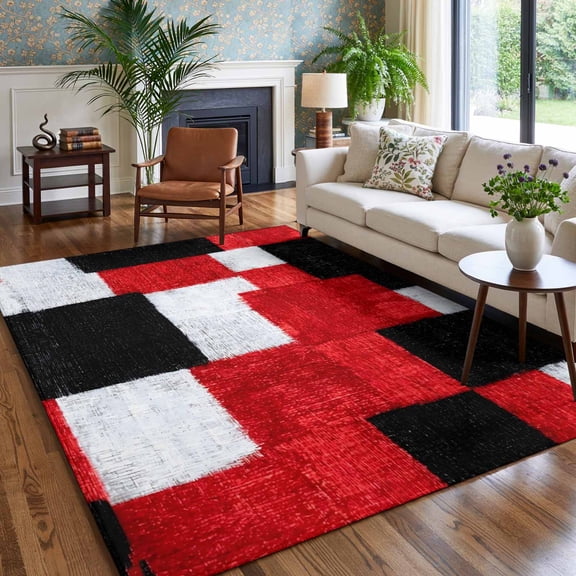 Red Black White Gradient Area Rug for Bedroom Living Room Rug 5x7ft, Soft Sponge Cushioned Non-Slip Washable Rugs, Abstract Color Block Rectangle Rugs for Dining Room Office Nursery Home