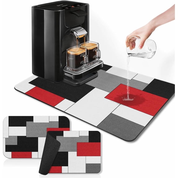 Red Black White Grey Modern Coffee Mat Set (2 Pcs): 12x19in Absorbent Rubber Backed Dish Drying Mat – Fits Under Coffee Maker Espresso Machine – Hide Stains Stylish Kitchen Bar Accessory