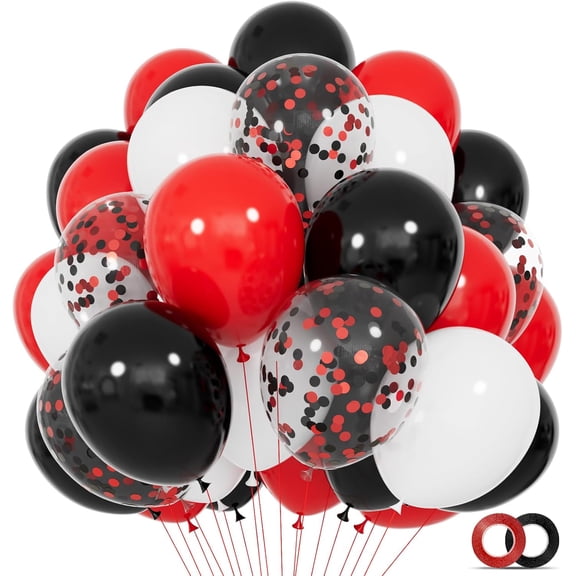 Red Black White Latex Balloons with Confetti Balloons for Birthday, Wedding, Graduation Party.