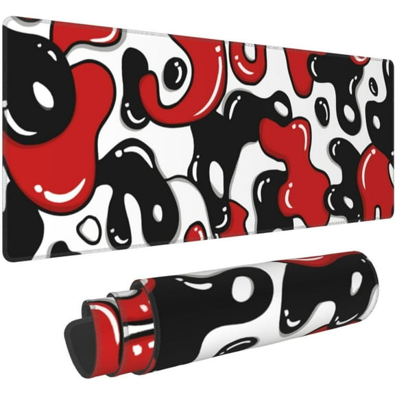 Red Black White Mouse Pad XL 31.5dx11.8 Anime Cool Geometric Japanese Desk Mat Non-Slip Rubber Base Stitched Edge Extended Keyboard Mouse Mat Desk Pad Large Mousepad for Home Office Work Desktop