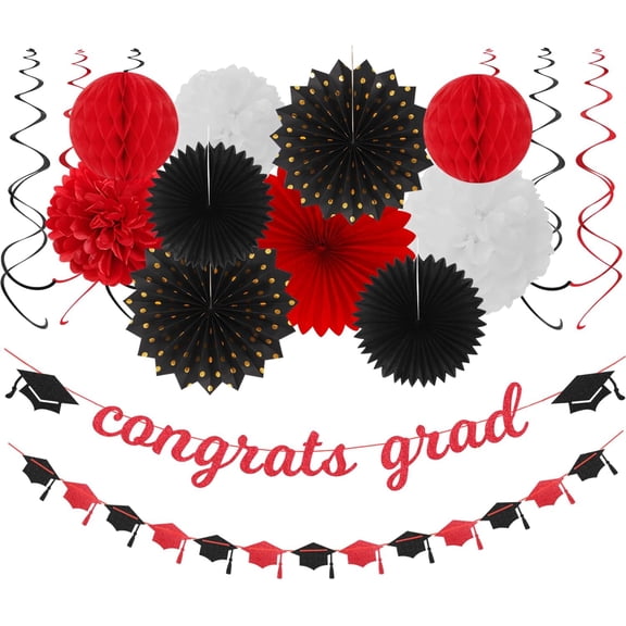 Red-Black White Party-Decorations Graduation Banner-Streamers - 18pcs Kits 2026 Congrate Grad Garland,Congratulations Paper Tissue Pom Poms Fan,Honeycomb Lanterns Decor