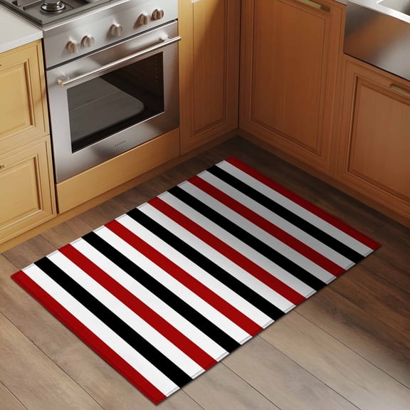 Red Black White Stripes 2x3 Rug for Entryway Front Door Kitchen Sink Area, Minimalist Abstract Vertical Striped Low Pile Washable Non Slip Rectangle Area Rug