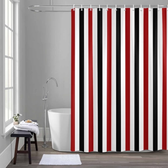 Red Black White Stripes Shower Curtain for Bathroom Decor, Minimalist Abstract Vertical Striped Waterproof Fabric Shower Curtain, 72"x78" Set with 12 Hooks