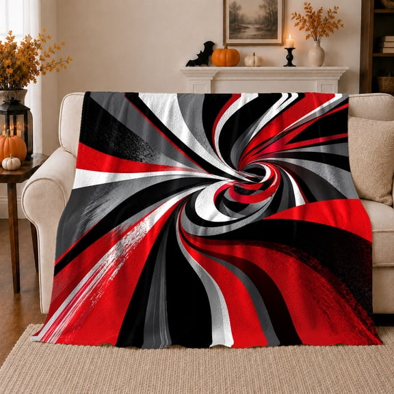 Red Black And White Sweeping Spiral Ribbons, Cozy Flannel Blanket with Dynamic Abstract Swirl Print, Housewarming Gift for Abstract Graphic Enthusiasts, Home Decor for Bedroom and Living Room