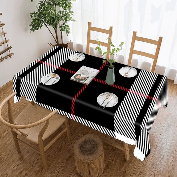Red Black And White Tartan Plaid Rectangular Tablecloth 60"x120" with Lace Edge, Washable Durable Table Cover for Dining, Indoor Outdoor Home Restaurant Decor