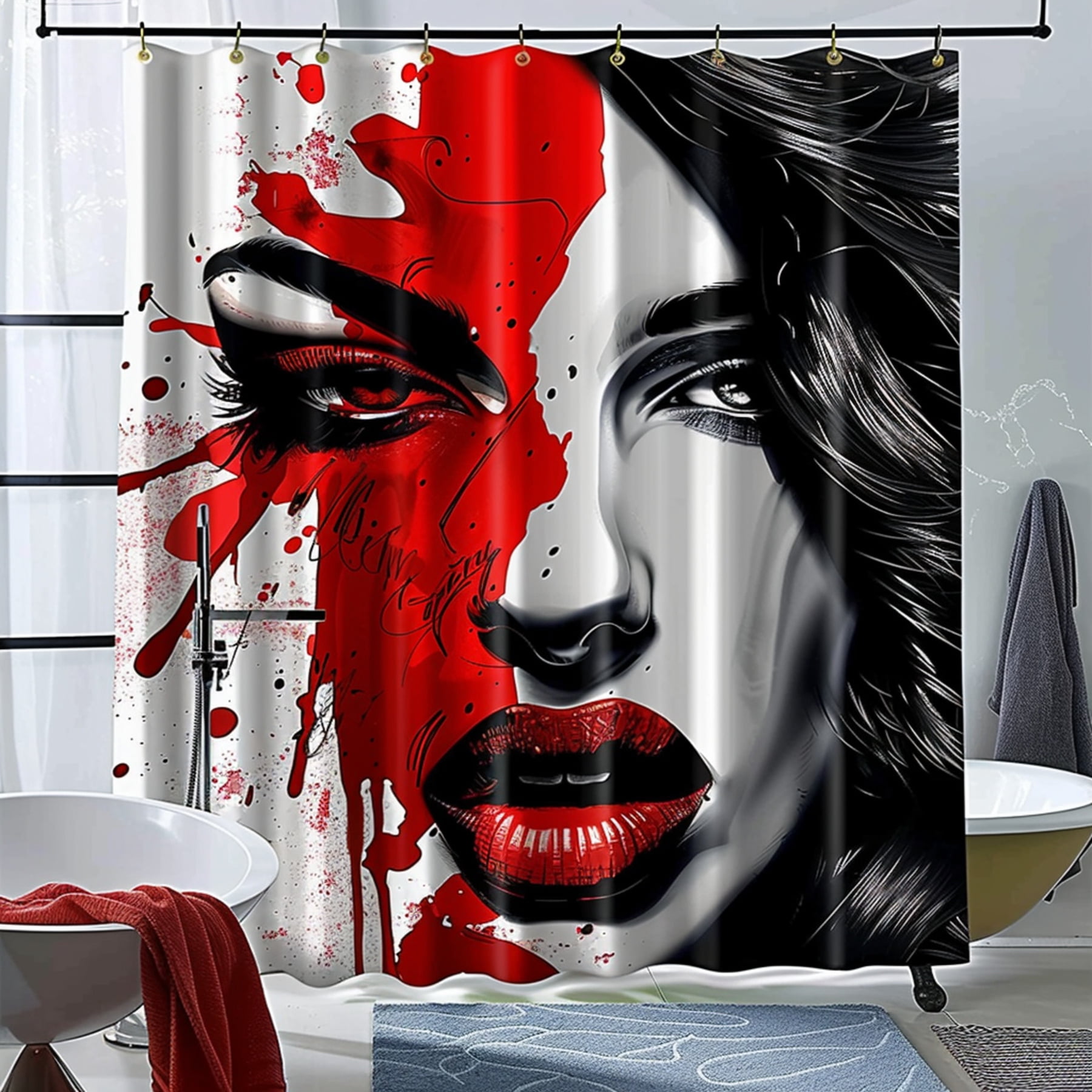 Red Black White Woman Face Shower Curtain Modern Art Style Cartoon Bathroom Decor - Walmart.com