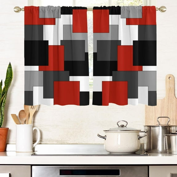 Red and Black Window Curtains for Kitchen White Grey Gray Abstract Geometric Square Small Short Home Living Room Bedroom Bathroom Drapes Treatment Tiers Fabric 1 Pair, 27.5" W x 39" L, Modern