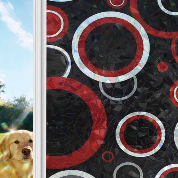 Red Black Window Privacy Film Stain Glass,Reusable Decorative Rainbow Window Film,Abstract Modern Geometric White Grey Circle Static Cling Sun Blocking Stickers Decals Covers 29.5" x 118" (2pcs)