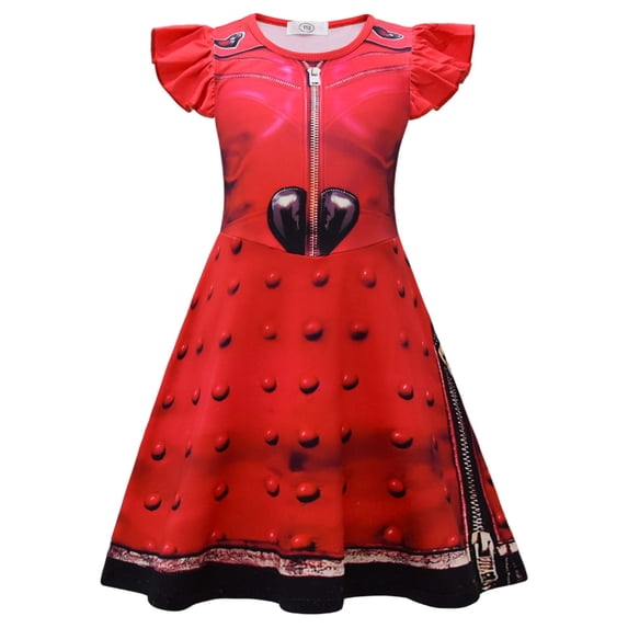 Red Black Wonderland Costume Dress, Flutter Sleeve Zip-Print Fantasy Halloween Cosplay Party Outfit