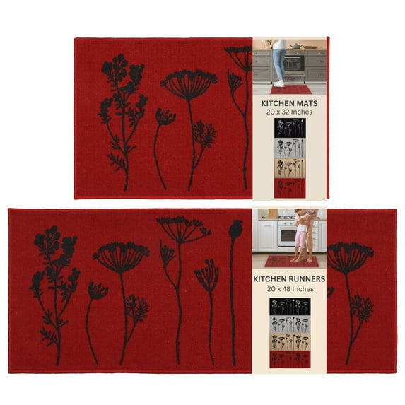 Red Black Wool Effect Wildflowers Kitchen Mat & Runner Rug Set of 2