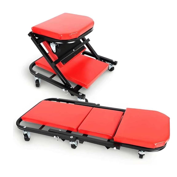 Red Black Z-Shape Adjustable Rolling Mechanic Stool, Heavy-Duty Iron Frame Lockable Wheel Garage Repair Creeper Seat