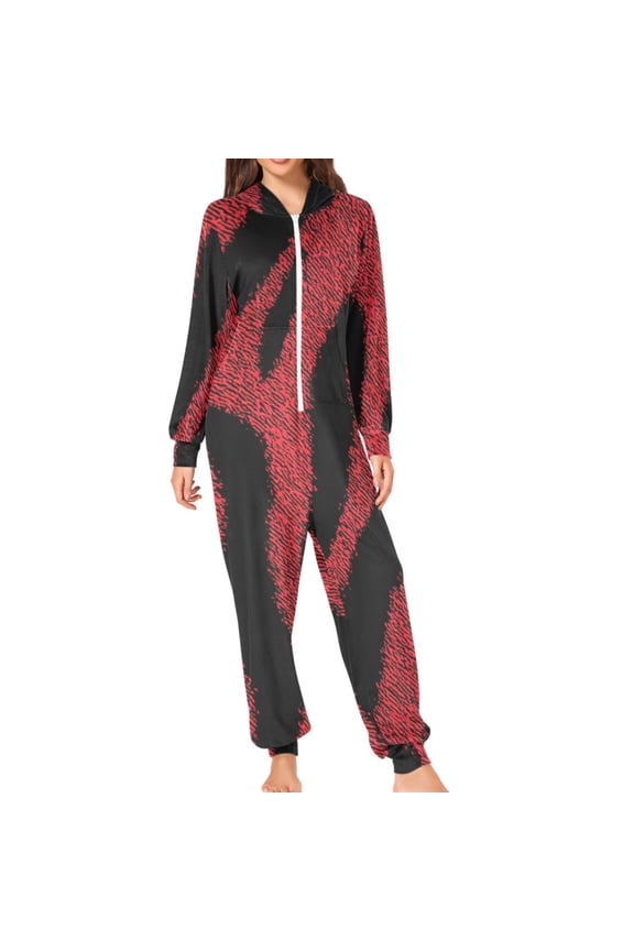 Red Black Zebras Skin Adult's Hoodie Onesie Jumpsuit One-Piece Pajamas with Zipper Unisex for Holiday L