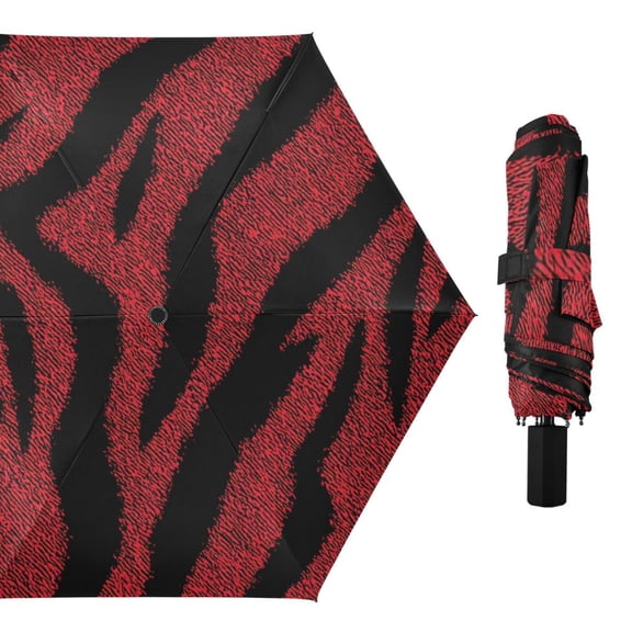 Red Black Zebras Skin All Weather Umbrella Triple Folding Parasol 6 Ribs UV Protection Portable