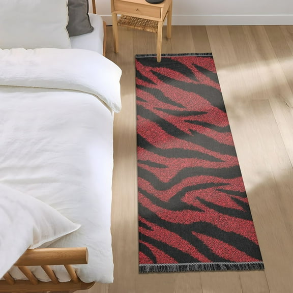 Red Black Zebras Skin Bedside Runner Rug 2'x 6' Non Slip Carpet Floor Mat Area Rug