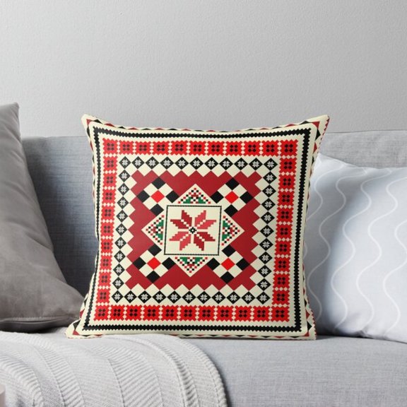 Red Black and Cream Geometric Star Square Pillow Case, 100% Polyester Velvet, Folk Style Home Accent