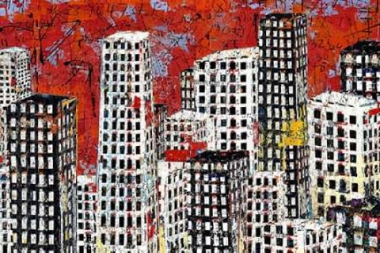 Red Black and White Cityscape Canvas Art - Daryl Thetford (12 x 18)