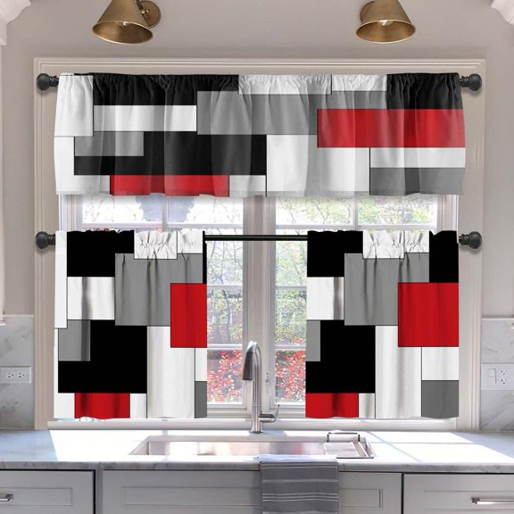Red Blackout Kitchen Curtains Tiers and Valances Set 3 Piece for Windows Grey and Black Kitchen Window Curtains Set,White Modern Abstract Art Valances for Living Room(36" Tiers Set)