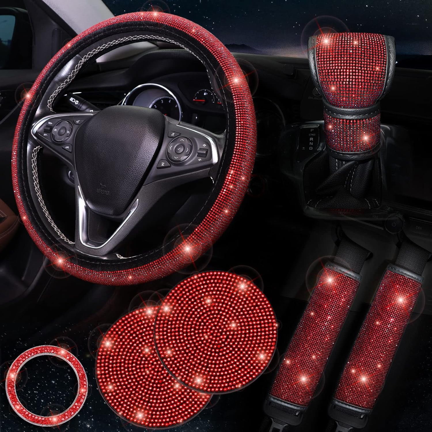 Red Bling Car Accessories Set of 7 Pack,Crystal Steering Wheel Cover Set for Women 15 inch,Seat Belt Cover,Bling Gear Shift Cover,Push Start Button Bling Ring,Car Cup Coaster,Red
