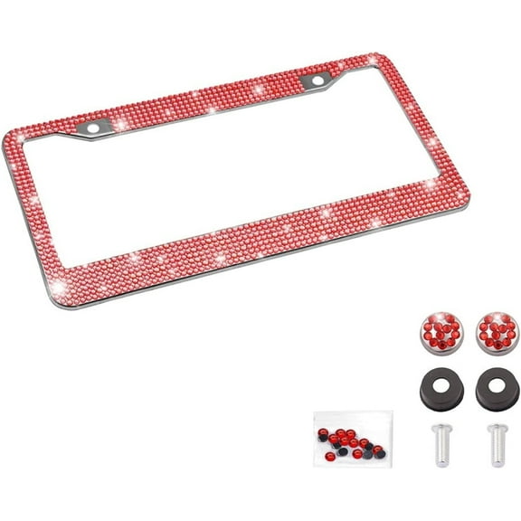 Red Bling Rhinestone License Plate Frames for Women, Red Car Accessories,Rhinestone License Plate Frame,Metal Rust-Proof License Plate Cover Bling Car Accessories for Women Girls