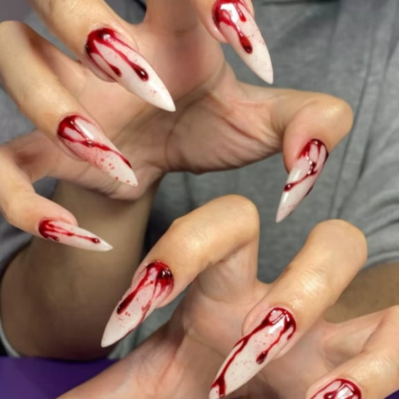 Red Blood Drip Press on Nails Long Almond Fake Nails White Splatter Design Full Cover Adhesive Press Ons Glossy Acrylic False Nails Artificial Nail Tips DIY Manicure Halloween Party 10 Pcs