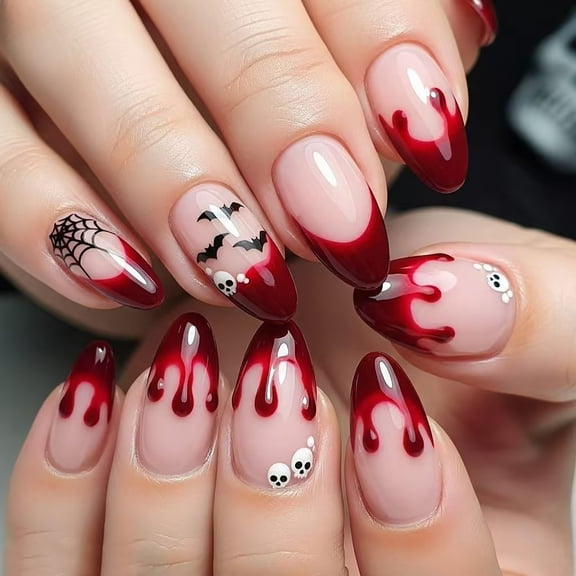 Red Blood Drip Press on Nails Medium Almond Fake Nails with Bat Spider Web Skull Design Full Cover Adhesive Press Ons Glossy Acrylic False Nails Artificial Nail Tips DIY Manicure 30 Pcs