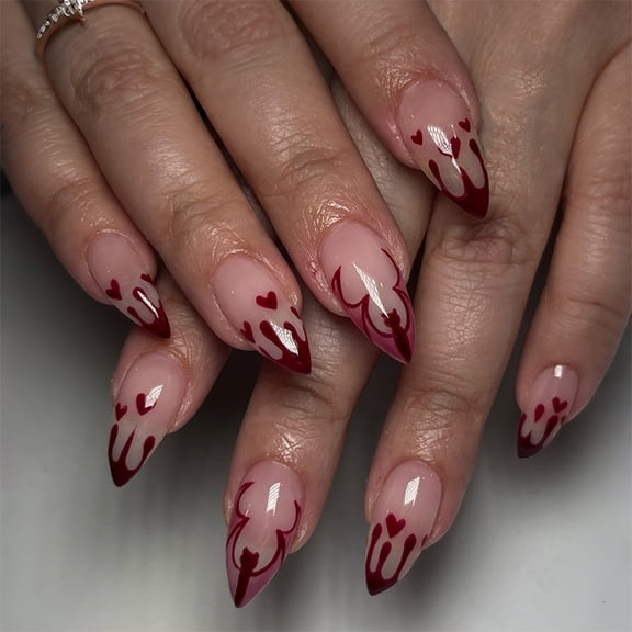 Red Blood Drip Press on Nails Medium Almond Fake Nails Glossy Heart Design Full Cover Adhesive Press Ons Acrylic False Nails Artificial Nail Tips for Halloween Party Home Manicure 24 Pcs