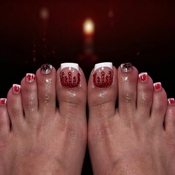 Red Blood Drip Press on Toenails Short Square Fake Toenails Spider Rhinestone Accent White French Tip Full Cover Adhesive Toenail Press Ons Glossy Acrylic False Toenails Halloween 24 Pcs