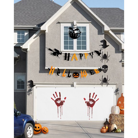Red Blood Hand Print Garage Door Banner Cover 6 x 13 ft Halloween Bloody Han Horror White Garage Door Decoration Hanging Garage Door Cover Backdrop Wall Decoration for Outdoor Indoor Home Party