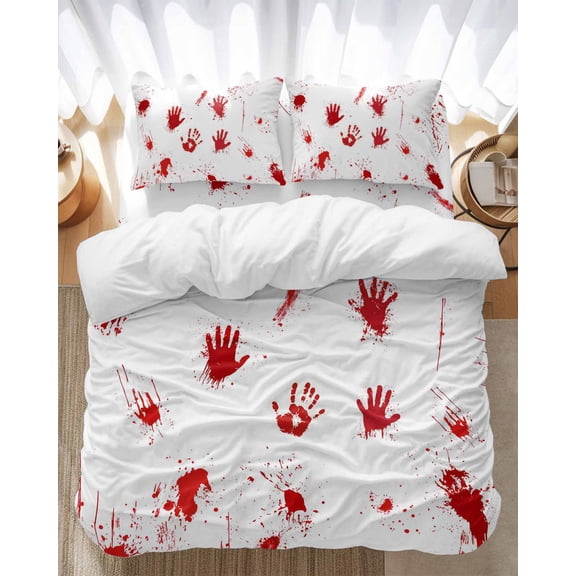 Red Blood Hands Bedding Duvet Cover Set Twin Size 4 Pieces Horror Halloween Bloody Hand White Bedding Set with Zipper Closure, 1 Comforter Cover 68x90 Inches 1 Flat Sheet & 2 Pillow Cases