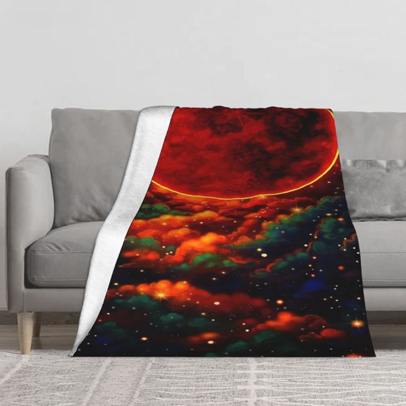 Red Blood Moon Colorful Galaxy Cloud Flannel Throw Blanket, Dark Starry Cosmic Night Sky Soft Lightweight Blanket for Teen Mystical Celestial Couch Bedroom
