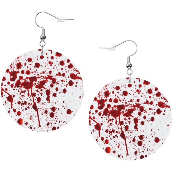Red Blood Stain Best Earrings suitable for Women PU Leather Dangle Earrings, Lightweight Round Shape Leather Teardrop Dangly Ear Pendants Jewelry Gift[x597]
