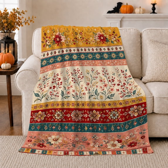 Red Bloom Boho Bands with Teal Borders, Energetic Botanical Style for Flower Lovers, Harvest Garden Stripe and Mother's Day Gift, Warm Flannel Blanket for Sunroom and Bedroom, Home Decor