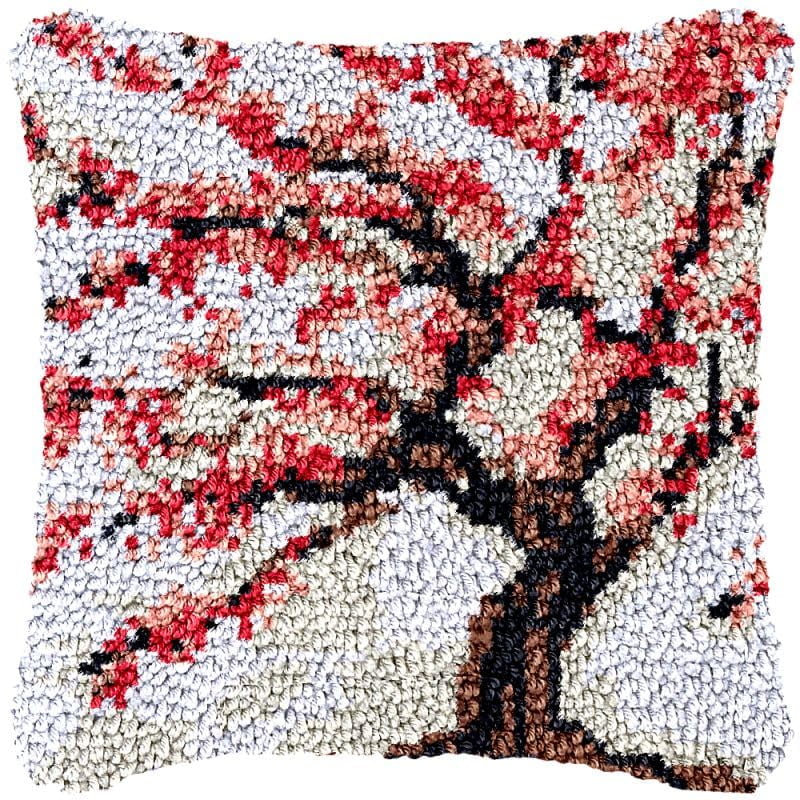 Red Blooming Tree Latch Hook Pillow Cover Kits for DIY Handmade Throw Pillow Cross Stitch Latch Hook Pillowcase Rug Kits with Preprinted Color Pattern Canvas Crochet Yarn Kits 17''X 17''(fv209)