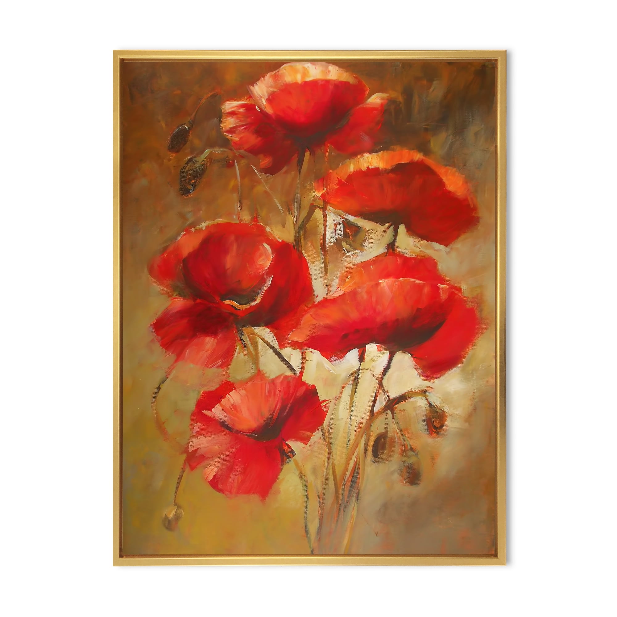 Red Blossoming Poppies Over Wild Brown I 24 in x 32 in Framed Painting Canvas Art Print, by Designart