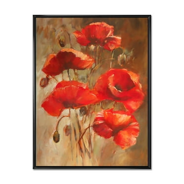 Red Blossoming Poppies Over Wild Brown II 12 in x 20 in Framed Painting Canvas Art Print, by Designart