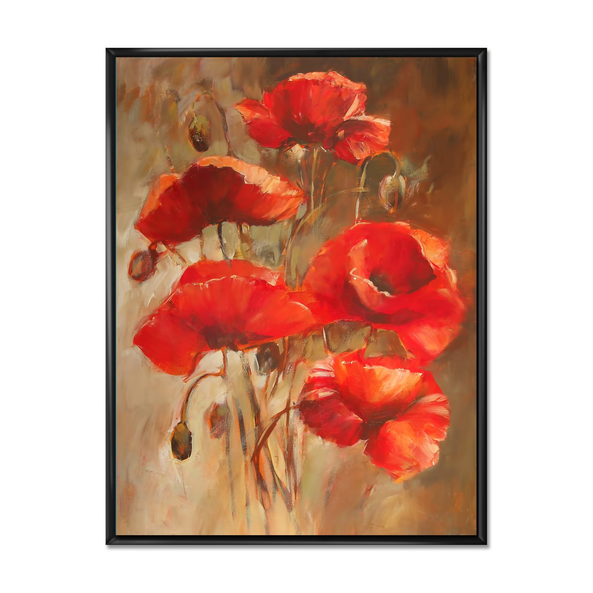 Red Blossoming Poppies Over Wild Brown II 16 in x 32 in Framed Painting Canvas Art Print, by Designart