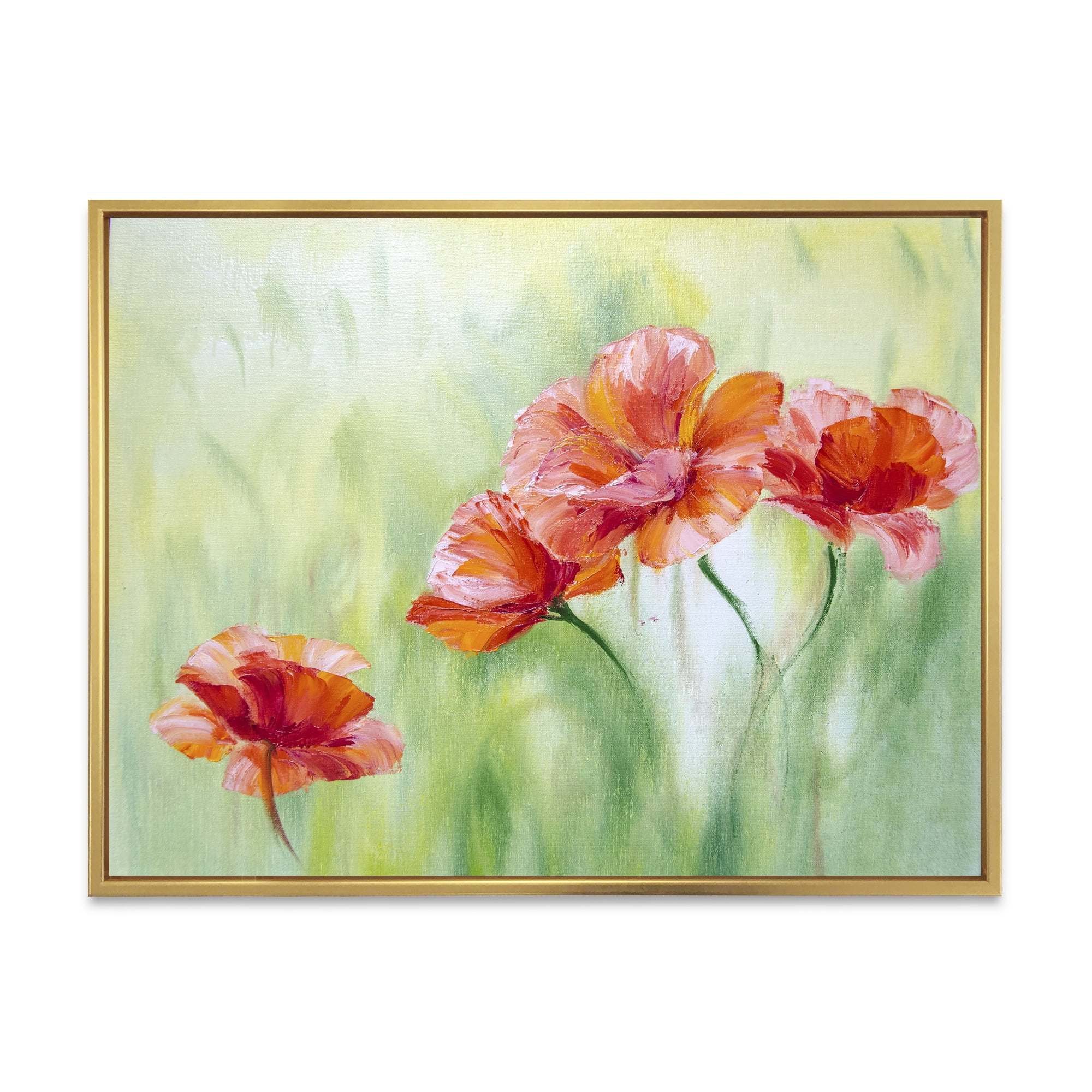 Red Blossoming Poppies Over Wild Green I 32 in x 24 in Framed Painting Canvas Art Print, by Designart