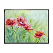 Red Blossoming Poppies Over Wild Green II 20 in x 12 in Framed Painting Canvas Art Print, by Designart