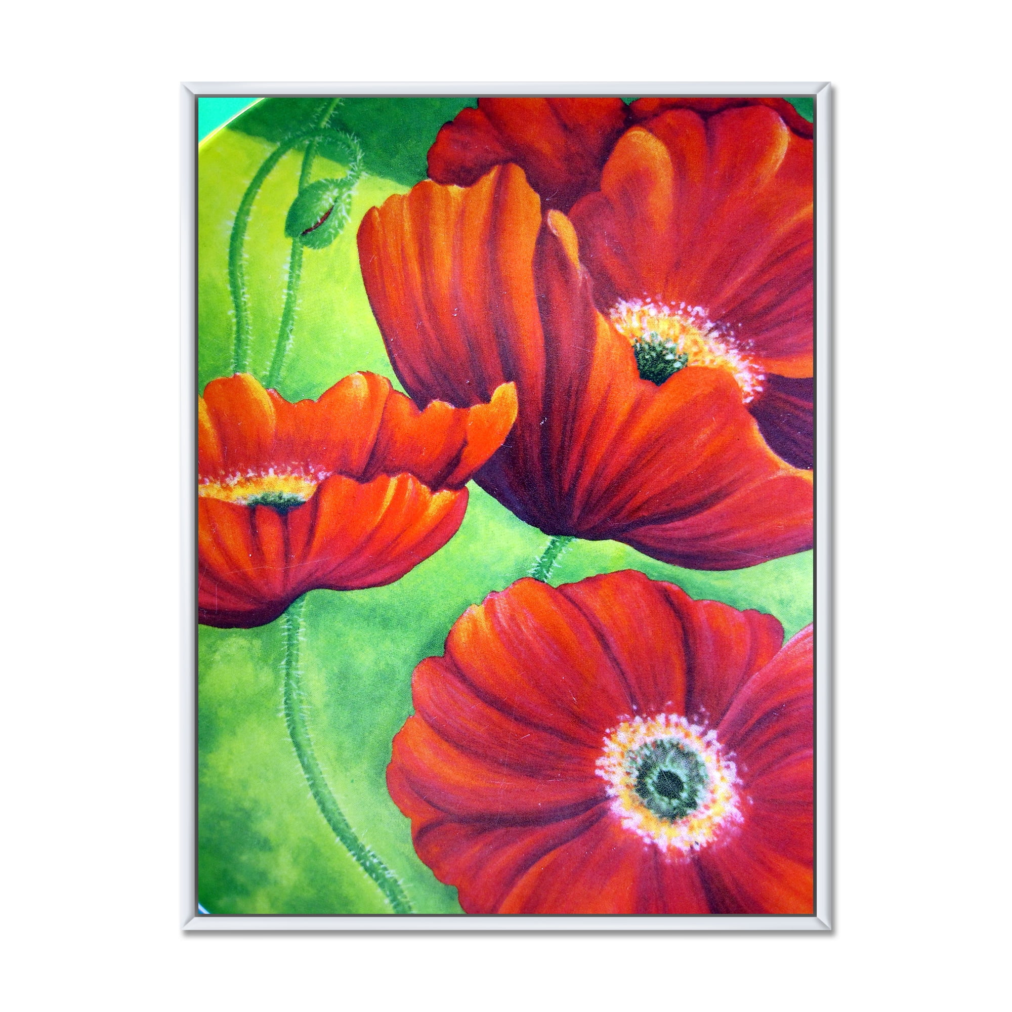 Red Blossoming Poppies Over Wild Green V 12 in x 20 in Framed Painting Canvas Art Print, by Designart