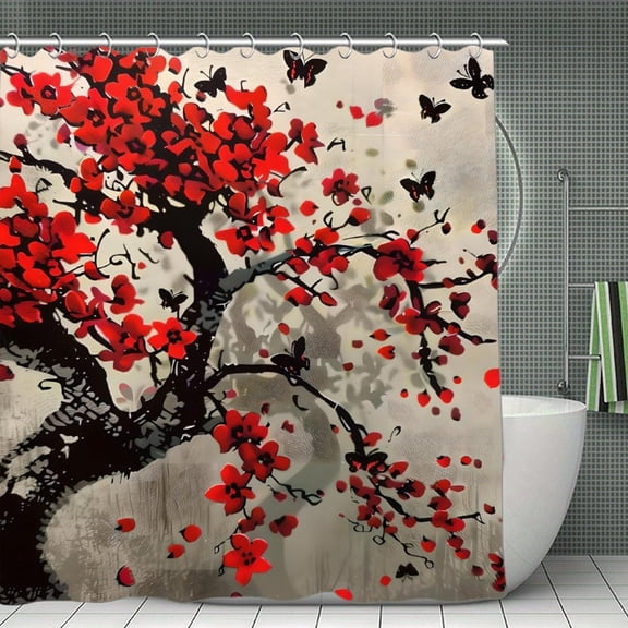 Red Blossoms Butterflies Print Shower Curtain,Modern Fabric Waterproof Shower Curtain Set with Hooks,70.8×70.8Inch