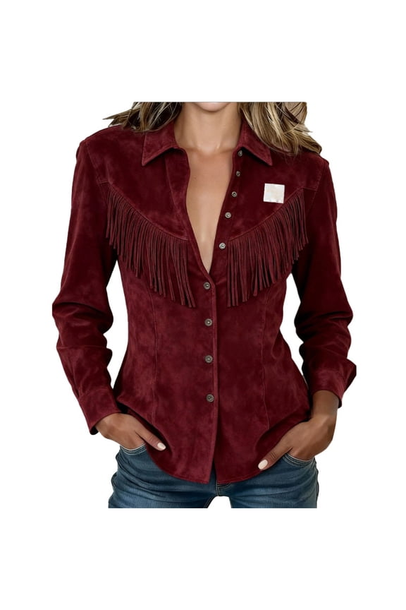 Red Blouse for Women Fashion Suede Fringe Western Long Sleeve Retro Blosue 2026 Tassel Motorcycle Suede Outwear Loose Tops Women's Button Down Shirts