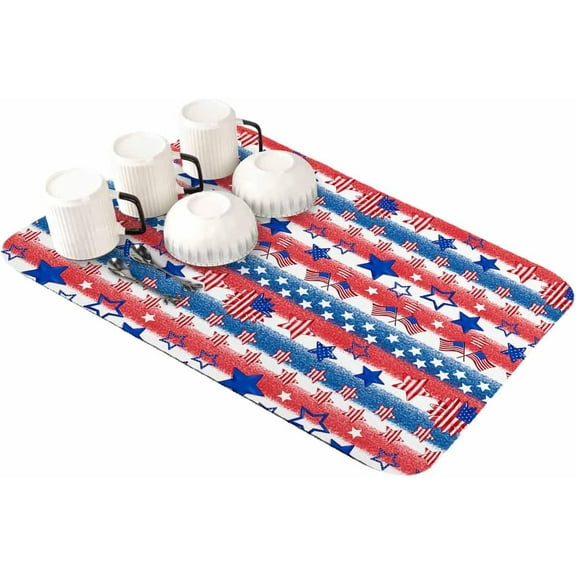 Red Blue 4th of July Dish Drying Mat for Kitchen Counter, Super Absorbent Quick Dry Coffee Bar Mat Pad Thin Diatomaceous Sink Mat Non Slip Dish Drainer Mat 16x18 American Flag Star Independence Day