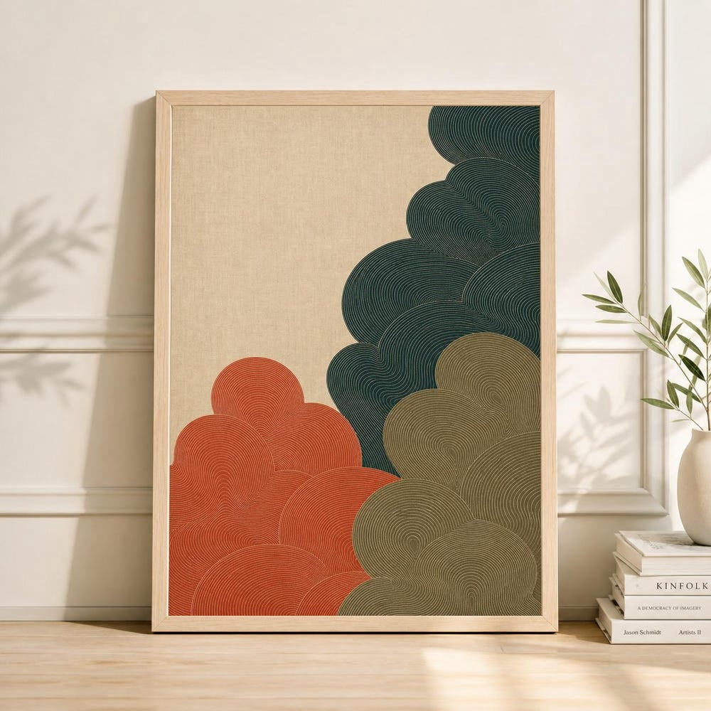 Red Blue Abstract Beige Painterly Japanese Wave Pattern Poster ...