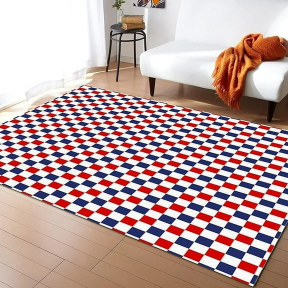 Red Blue Abstract Geometric Area Rug, Modern Minimalist Plaid Checkerboard Decorative Rug, Easy Clean Carpet With Anti-Slip Backing For Bedroom Living Room Dining Room Office 3 x 4ft