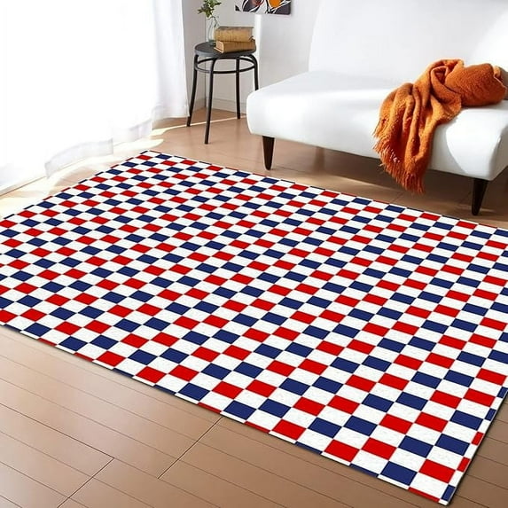 Red Blue Abstract Geometric Area Rug, Modern Minimalist Plaid Checkerboard Decorative Rug, Easy Clean Carpet With Anti-Slip Backing For Bedroom Living Room Dining Room Office 5 x 8ft