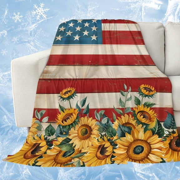 Red Blue American Flag Cooling Blanket, Lightweight Breathable Summer Throw Blanket with Double Sided Cold Effect, Sunflower US Flag Vintage Picnic Beach Blankets Bed Sheet for Hot Sleepers 30"x40"